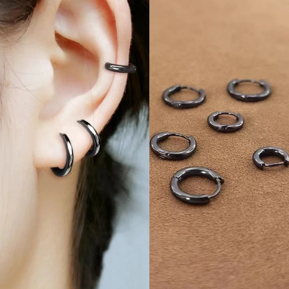 Surgical Steel Small Round Huggie Hoop Earrings Trendy Jewelry Gift For Her/Him - Image 1 of 4