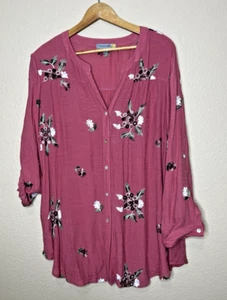 Figueroa & Flower Floral Blouse Pink Embroidered 3X Button Roll Tab Sleeve Fig - Picture 1 of 6