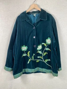 Jessica Holbrook Womens Emerald Green Velvet Embroidered Jacket Size 2X Artsy - Picture 1 of 10