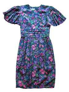 Vtg Maggy Boutique 80s Green Pink Blue Purple Floral Short Sleeve Wiggle Dress 4 - Picture 1 of 5
