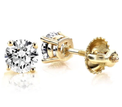 1.5CT Diamond Stud Earrings 14K Yellow Gold Natural Round Cut Brilliant GIA  - Image 1 of 4