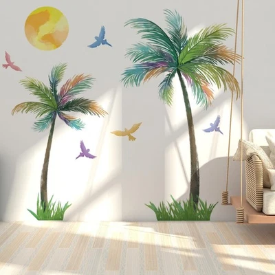 Large Palm Tree Wall Decals Colorful Birds Tropical Plant Wall Art Stickers f... - Image 1 of 4
