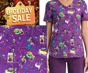 Disney The Nightmare Before Christmas Skellington Women's 2XL V-Neck Scrub Top - Picture 1 of 14