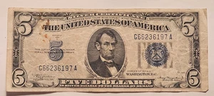 1934 A $5 Silver Certificate 5 Dollar Bill G/A block FR 1651 blue seal note - Picture 1 of 8