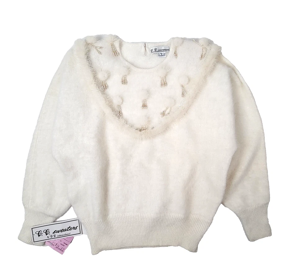 NWT CC INT'L Beaded Fuzzy Angora Sweater VTG Womens White Size L - Image 1 of 4
