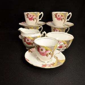 Ridgway Melba China 4 Cups Saucers w/Creamer Sugar 1955-1964 Pink Yellow w/Gold - Picture 1 of 12