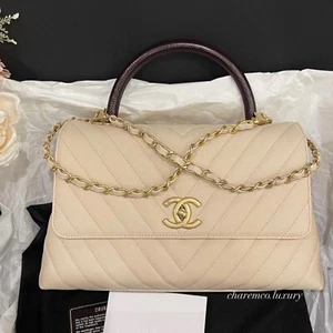 100% AUTH! ๐ค Chanel Medium CoCo Lizard Handle ๐ค Chevron Beige Flap Bag - Picture 1 of 12