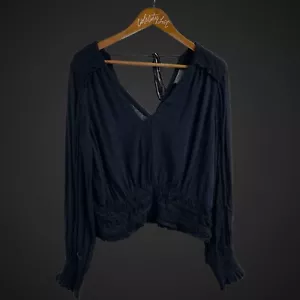 Anthropologie Bluse Top hinten zum Binden Puffärmel gerafftes Bündchen Jacquardmuster Large - Bild 1 von 10