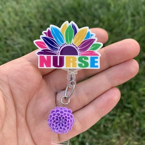 Colorful sunflower Gift Pediatric Nurse Cute Badge Holder Retractable ID Reel - Picture 1 of 5