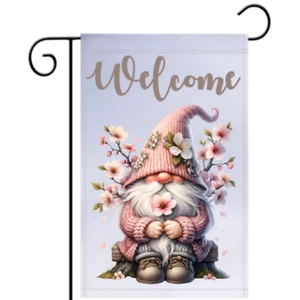 Outdoor Home Decor Welcome Flag 12x18 Inch Gnome with Pink Hat Cherry Blossoms - Picture 1 of 4