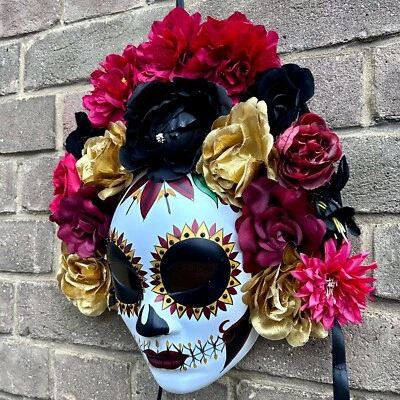 Deluxe Day of the Dead Sugar Skull Floral Wreath Mask Costume Decor Fancy Dress - Image 1 of 3