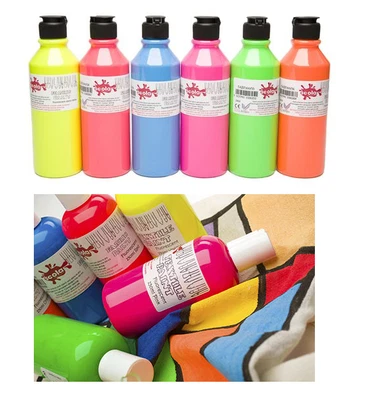 SET OF 6 x 300ml SCOLA NEON FLUORESCENT COLOUR PERMANENT FABRIC TEXTILE PAINTS
