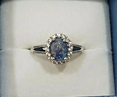 Anillo con halo de circón blanco y ópalo de roca en platino más de 925 SS 1,85 quilates talla 8  Foto 1 de 4