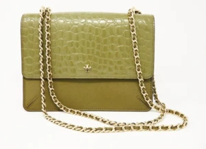 TORY BURCH Robinson Cros Embossed Leather Flap Crossbody Bag - Olive - Foto 1 di 11
