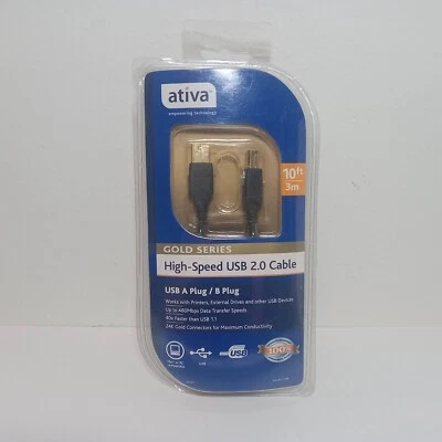 Ativa Gold Series High-Speed 480Mbps USB 2.0 Cable, A Plug/B Plug, 10ft/3m - New - Image 1 of 4