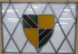 OLD ENGLISH STAINED GLASS WINDOW Unframed w Hooks Simple Shields 22.5" x 16.25" - Picture 1 of 2