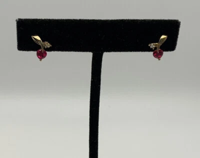 10K Yellow Gold Created Ruby Leaf Heart & Diamond Earrings. (0.01 Cttw.). A16 - Image 1 of 4