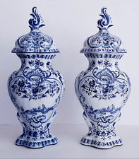 Antique DELFT XL GINGER JAR LIDDED VASE 17.3 INCHES - EMBOSSED ACCENTS RARE