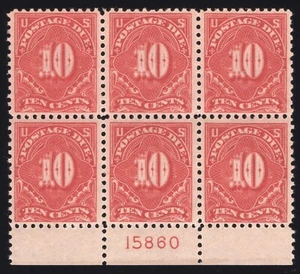 U.S. (Scott J65) 10¢ Carmine Rose, Plate Block of 6, Mint-OG-NH VF+, SCV $525 - Picture 1 of 2