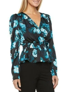 Ryegrass Womens Blue Floral V Neck Long Sleeve Peplum Top Size Small NWT - Picture 1 of 3