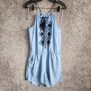 Crown & Ivy Romper Womens Large Blue Embroidered Lyocell Sleeveless Casual