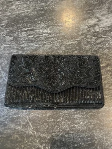 VTG Y&S Black beaded envelope flap clutch evening purse Art Deco - Picture 1 of 9