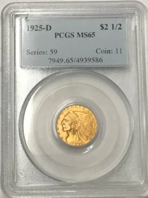 1925 D Gold $2 1/2 Indian Head PCGS Certified MS-65 Low Mint High Grade OGH 9586 - Image 1 of 3