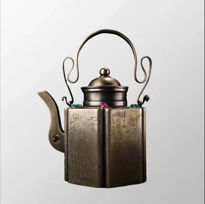 Tetera china vintage con mango de gemas con incrustaciones de cobre blanco Foto 1 de 4