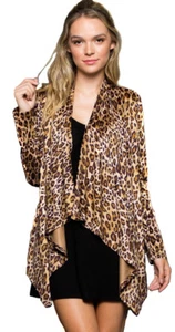GeeGee Womens Leopard Chic Faux Suede Draped Cardigan Animal Jacket Wrap S M L - Picture 1 of 10