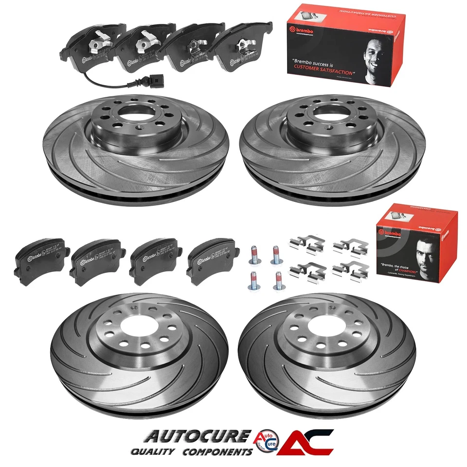 FOR VW GOLF R32 MK5 FRONT & REAR GROOVED VENTED BRAKE DISCS & BREMBO PAD SET - Image 1 of 1
