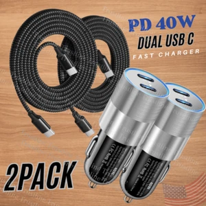 2X Dual Type C Fast 40W Car Charger For iPhone 15 16 Adapter PD USB C To C Cable - Picture 1 of 18