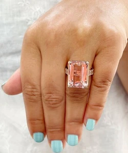 14K Rose Gold Emerald Cut Natural Pink Morganite Round Cut Diamond Ring 13.50ctw - Picture 1 of 12