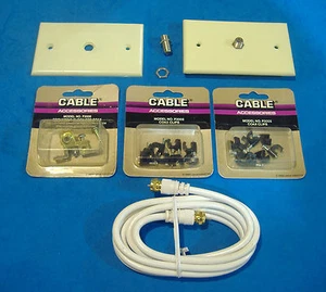 6' COAXIAL CABLE AND ASST SPLITTER COUPLER CLIPS GD BLOCK WALL PLATES 20 PIECE  - Picture 1 of 5
