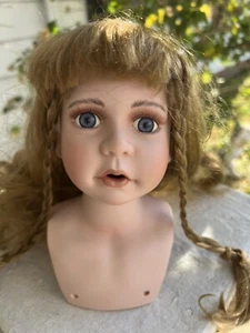 VTG Swivel Girl Doll Head for 20” Doll Parts Restore Brown Wig Blue Eyes 7” Tall - Picture 1 of 10