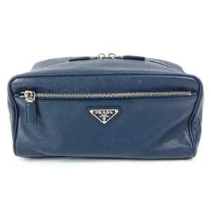 PRADA triangle logo triangle logo plate Clutch bag saffiano leather Navy - Foto 1 di 17