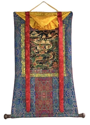 SAMATHA MEDITACIÓN/CAMINO AL CIELO PINTURA THANGKA TIBETANA ORIGINAL ENMARCADA EN SEDA Foto 1 de 4