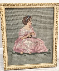 Vintage Framed Tapestry Picture, Girl In Pink, 1963 with Petit Point detailing - Picture 1 of 6