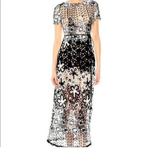Damen Monique Lhuillier Overlay Kurzarm Spitze Schwarz Weiß Kleid Lang - Bild 1 von 7