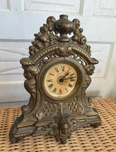 Antique 1880s Cast Iron Gold GIlt Clock Mermaids Womans Face Ornate Running - Picture 1 of 23