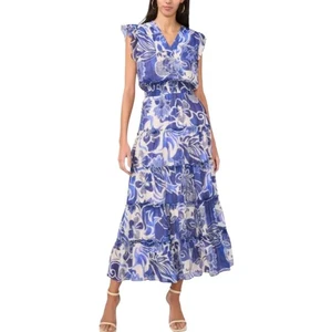 Cynthia Steffe Floral Blue and White Midi Tiered Boho Feminine Dress Plus Sz 2X - Picture 1 of 9