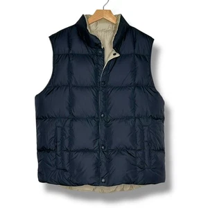Lands' End Mens Reversible Down Puffer Vest Navy Tan Sleeveless Jacket - Picture 1 of 7
