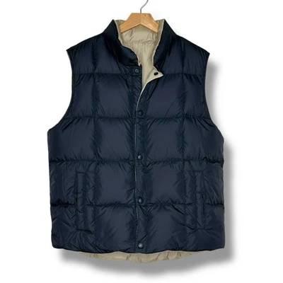 Lands' End Mens Reversible Down Puffer Vest Navy Tan Sleeveless Jacket - Image 1 of 4