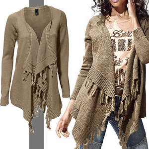 Marken Strickjacke Gr.40/42 Jacke Cardigan Beige camel Strick Fransen - Bild 1 von 7