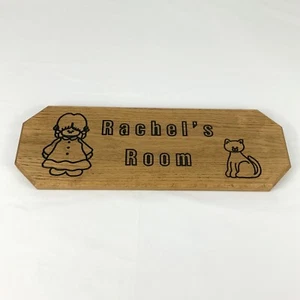 VTG Ozark Carvings Wooden Rachel's Room Wall Door Hanging Plaque Little Girl Cat - Picture 1 of 5