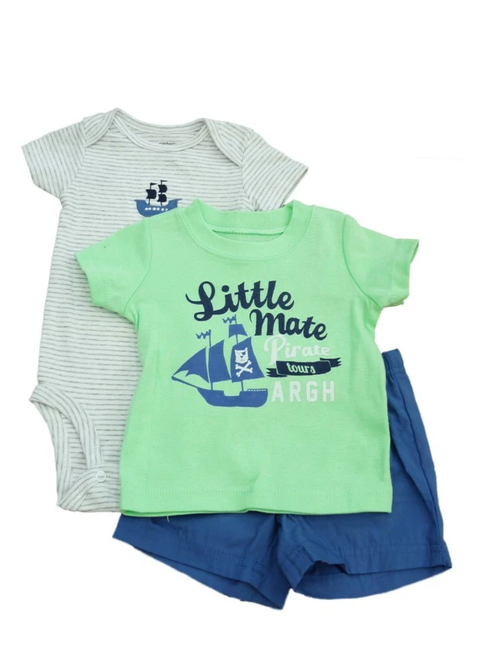 Carters Infant Boys Green Pirate T-Shirt Gray Striped Creeper & Blue Shorts Set — 第 1/1 张图片