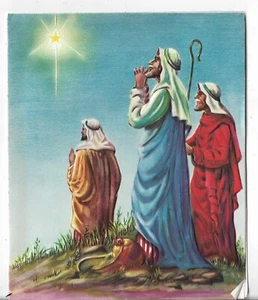 CARTOLINA DI NATALE usata vintage - circa 4,75x5,75" religiosa - tre pastori e stella - Foto 1 di 3