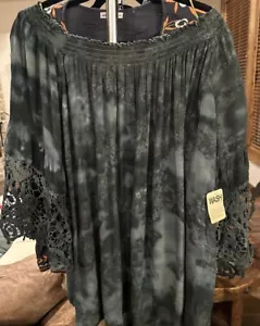Indigo Thread Co Boho Plus 3X Tie Dye Green Lace Bell Sleeve Top NWT - Picture 1 of 5