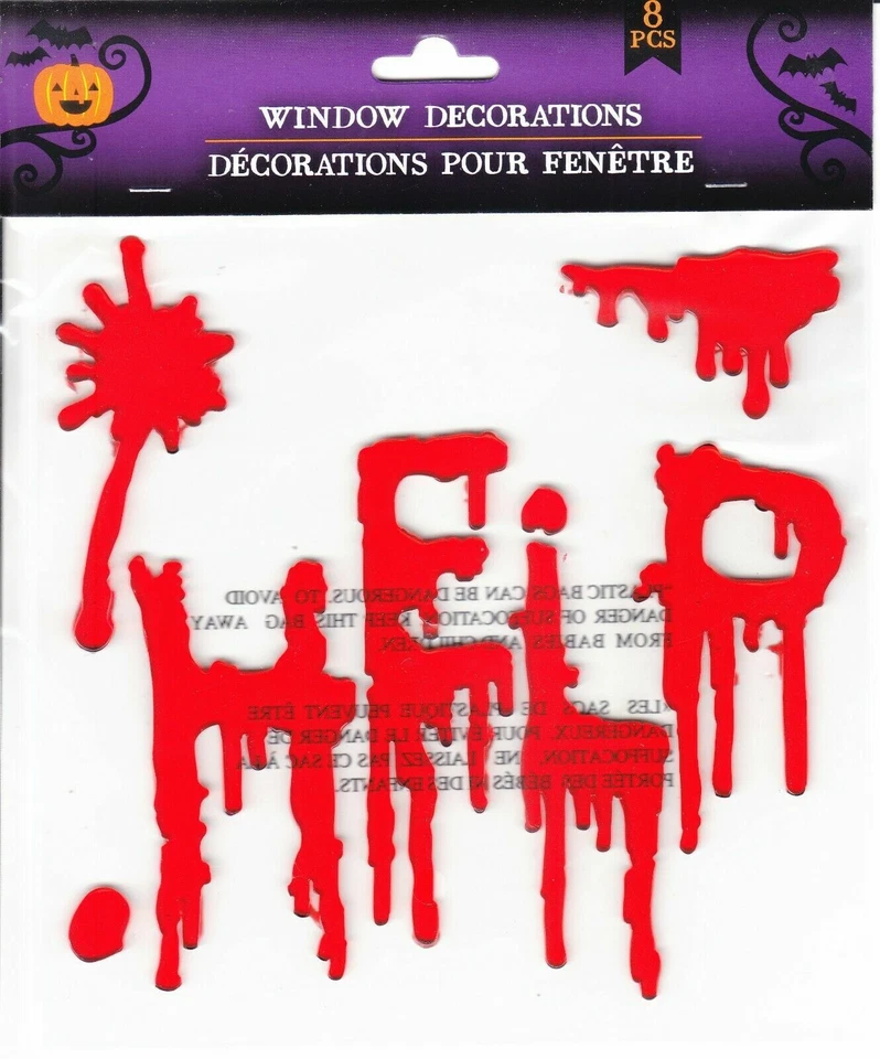 Halloween 9 PC Red Blood Get out Window GEL Clings Decorations Spooky Scary