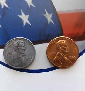 1986 P PENNY ERROR NOT LAMINATED NO COPPER CLAD VERY RARE BOTH PENNIES INC - Picture 1 of 4