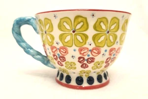 ANTHROPOLOGIE Elka Ayaka piedistallo floreale con manico blu ritorto tazza  - Foto 1 di 6